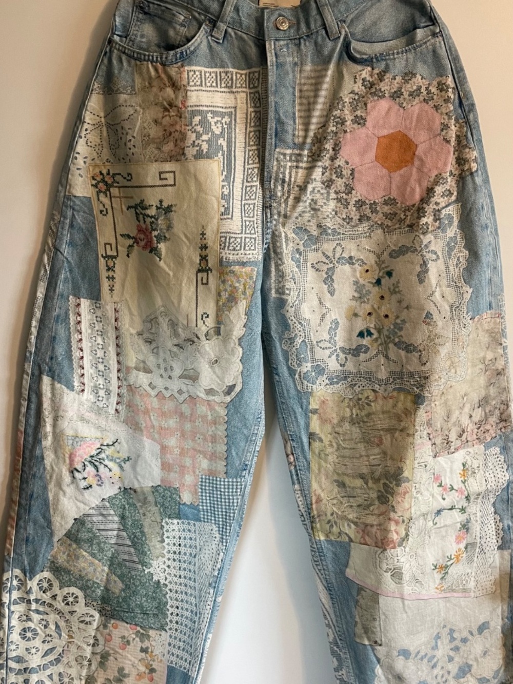 Free People Patchwork High-Rise Wide-Leg Jeans in Light Blue, Cream, Pink - Picture 7 of 10